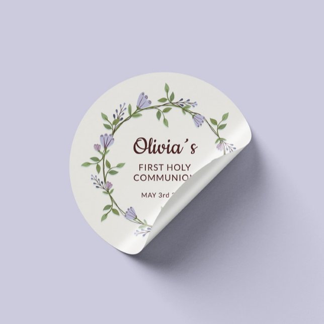 Purple flowers Wreath First Communion Classic Round Sticker (Perfect for Communion favors – peel-and-stick simplicity)