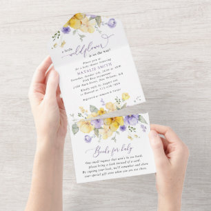 Purple Flowers, Yellow Flowers, Boho, Baby Shower All In One Invitation