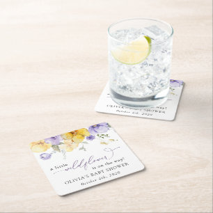Purple Flowers, Yellow Flowers, Boho, Baby Shower Square Paper Coaster
