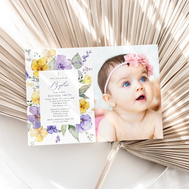 Purple Flowers, Yellow Flowers, Boho, Baptism Invitation (Creator Uploaded)