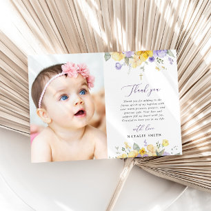 Purple Flowers, Yellow Flowers, Boho, Baptism Thank You Card