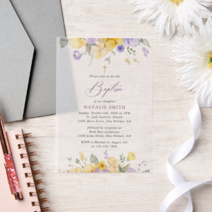 Purple Flowers, Yellow Flowers, Boho, Baptism Vellum Invitations