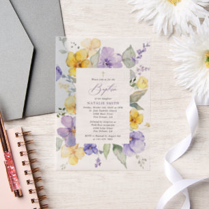 Purple Flowers, Yellow Flowers, Boho, Baptism Vellum Invitations