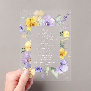 Purple Flowers, Yellow Flowers, Boho, Birthday Acrylic Invitations