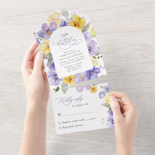 Purple Flowers, Yellow Flowers, Boho, Birthday All In One Invitation