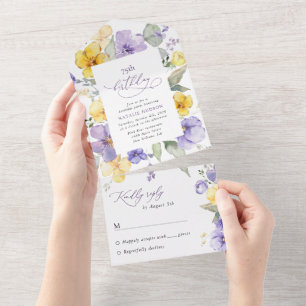 Purple Flowers, Yellow Flowers, Boho, Birthday All In One Invitation