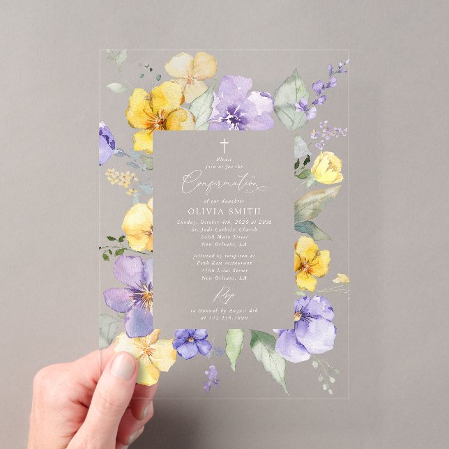 Purple Flowers, Yellow Flowers, Boho, Confirmation Acrylic Invitations (Insitu (Handheld))
