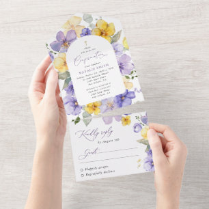 Purple Flowers, Yellow Flowers, Boho, Confirmation All In One Invitation