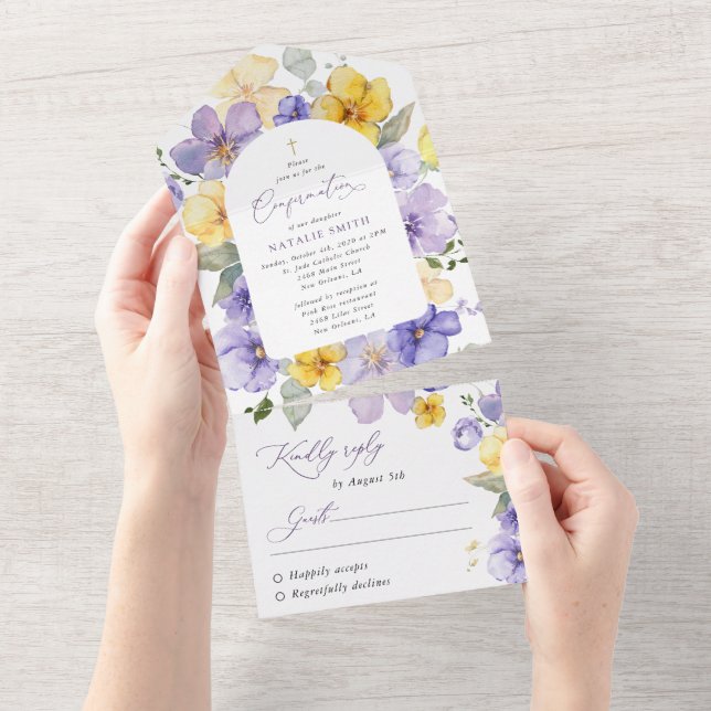 Purple Flowers, Yellow Flowers, Boho, Confirmation All In One Invitation (Tearaway)
