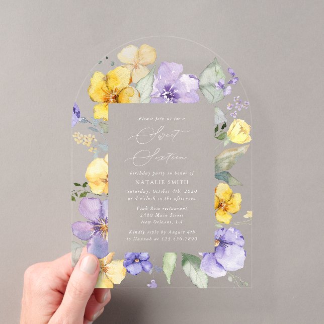 Purple Flowers, Yellow Flowers, Boho, Sweet 16 Acrylic Invitations (Insitu (Handheld))
