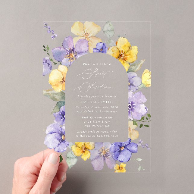 Purple Flowers, Yellow Flowers, Boho, Sweet 16 Acrylic Invitations (Insitu (Handheld))