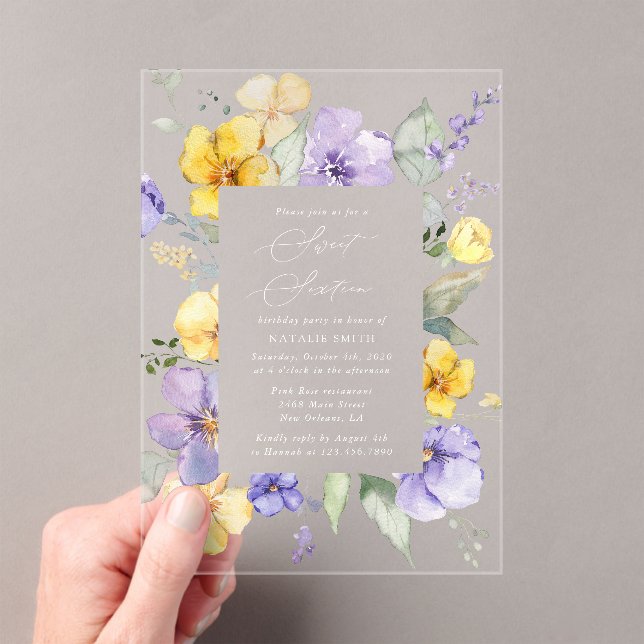 Purple Flowers, Yellow Flowers, Boho, Sweet 16 Acrylic Invitations (Insitu (Handheld))