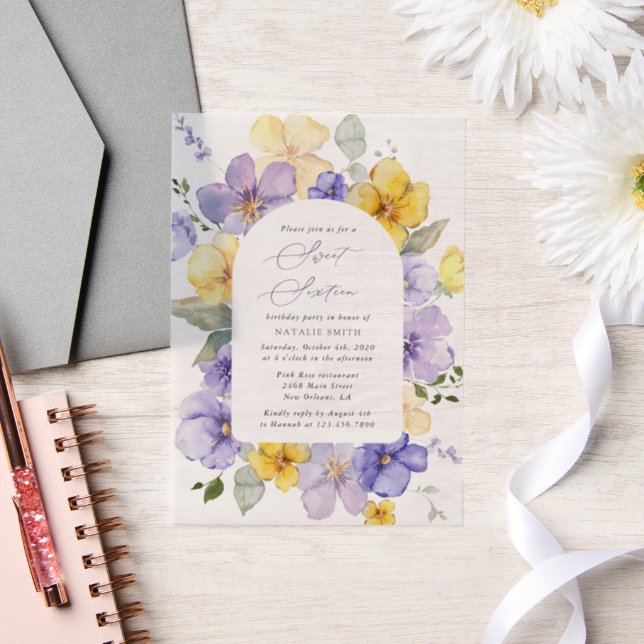 Purple Flowers, Yellow Flowers, Boho, Sweet 16 Vellum Invitations (Wedding)