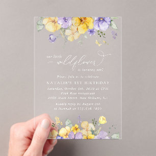Purple Flowers, Yellow Flowers, First Birthday Acrylic Invitations