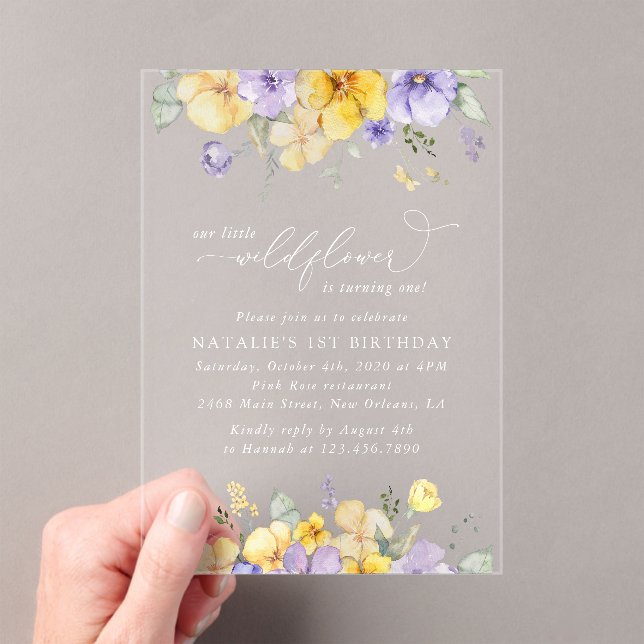 Purple Flowers, Yellow Flowers, First Birthday Acrylic Invitations (Insitu (Handheld))