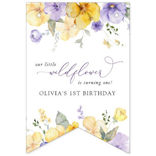 Purple Flowers, Yellow Flowers, First Birthday Bunting Flags