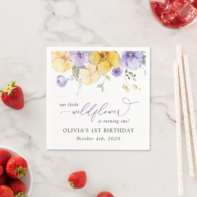 Purple Flowers, Yellow Flowers, First Birthday Napkin (Insitu)