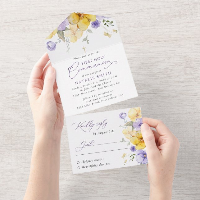 Purple Flowers, Yellow Flowers, First Communion All In One Invitation (Tearaway)