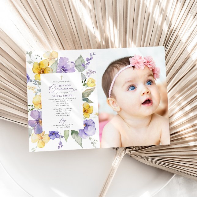 Purple Flowers, Yellow Flowers, First Communion Invitation (Creator Uploaded)