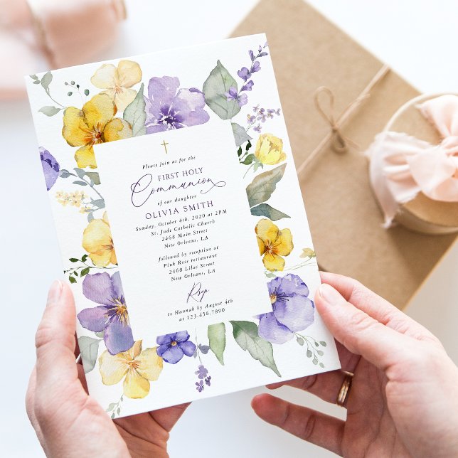 Purple Flowers, Yellow Flowers, First Communion Invitation (Creator Uploaded)