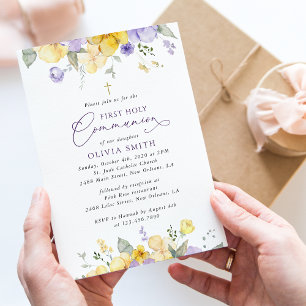 Purple Flowers, Yellow Flowers, First Communion Invitation