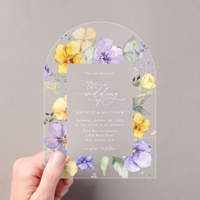 Purple Flowers, Yellow Flowers, Greenery, Wedding Acrylic Invitations (Insitu (Handheld))