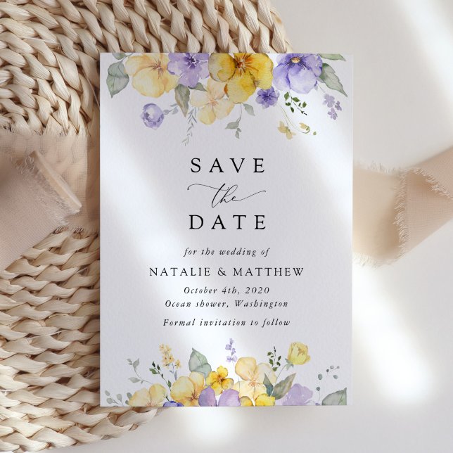 Purple Flowers, Yellow Flowers, Greenery, Wedding Save The Date (Creator Uploaded)