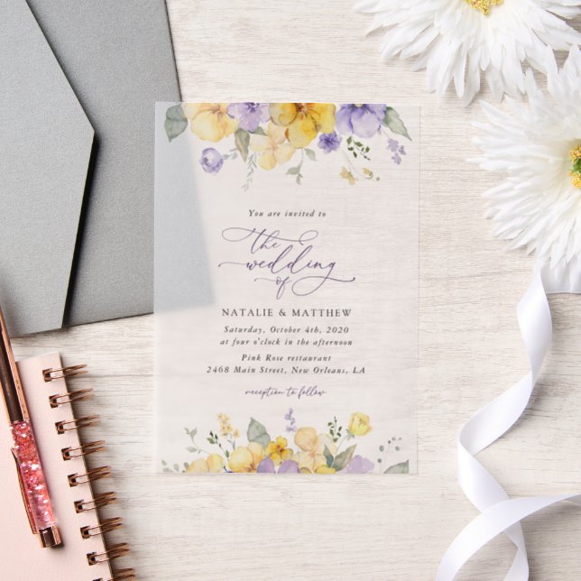 Purple Flowers, Yellow Flowers, Greenery, Wedding Vellum Invitations (Wedding)