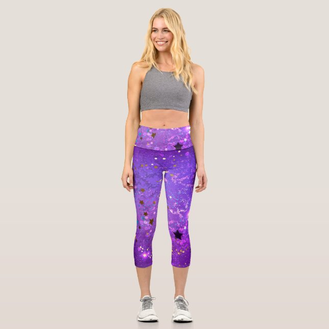 Purple foil background with Stars Capri Leggings (Front)