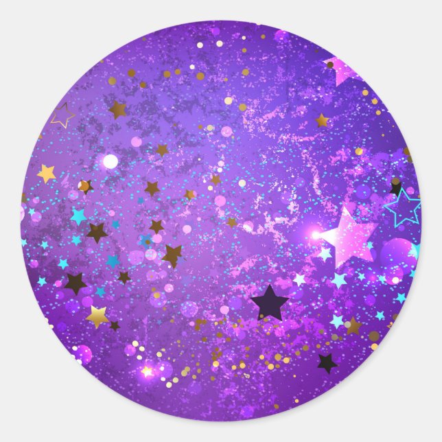 Purple foil background with Stars Classic Round Sticker (Front)