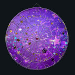 Purple foil background with Stars Dartboard<br><div class="desc">Violet invoice background with gold and blue stars. Background with stars.</div>