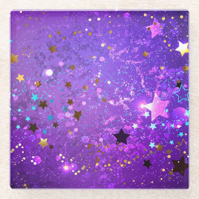 Purple foil background with Stars Glass Coaster (Front)