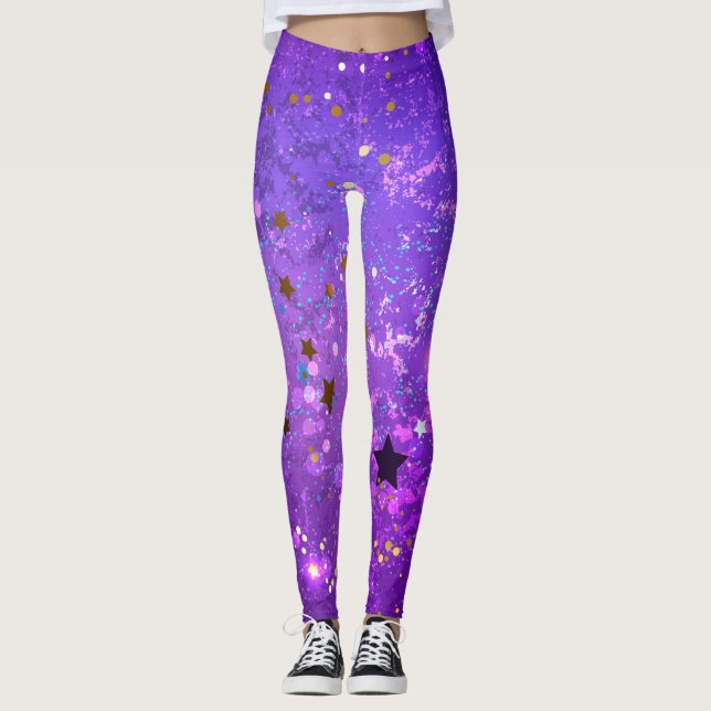 Purple foil background with Stars Leggings (Front)