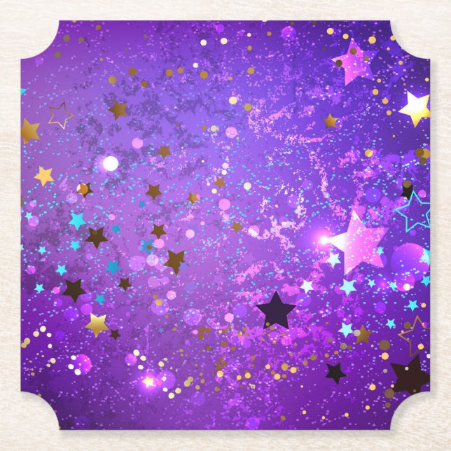 Purple foil background with Stars Paper Coaster (Front)