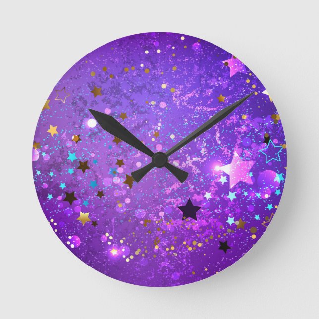 Purple foil background with Stars Round Clock (Front)