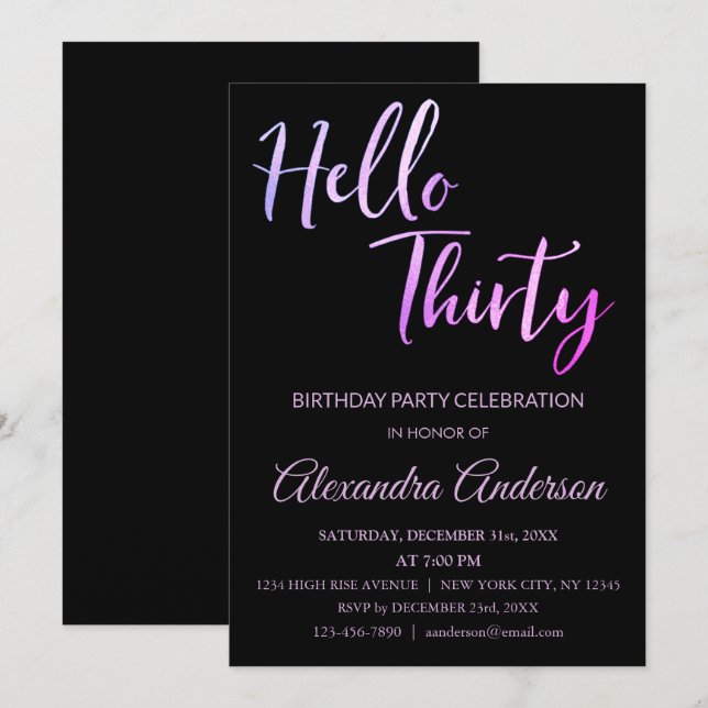Purple Foil Hello 30 Thirty Birthday Party Invitation (Front/Back)