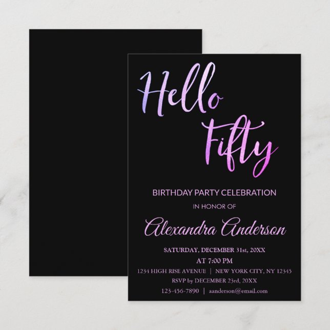 Purple Foil Hello 50 Fiftieth Birthday Party Invitation (Front/Back)