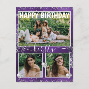 Purple Foil & Silver Glitter 3 Photo Birthday Postcard