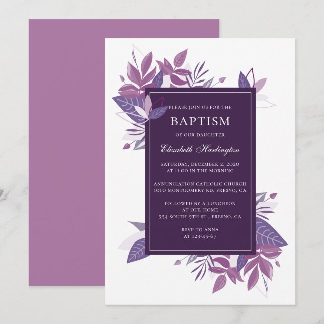 Purple foliage baptism. Plum violet botanical Invitation (Front/Back)