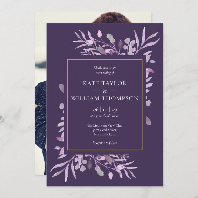 Purple Foliage Chic Gold Photo Wedding Invitation (Front/Back)