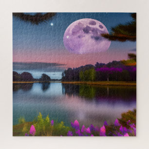 Purple foliage Moon and peaceful lake Jigsaw Puzzle