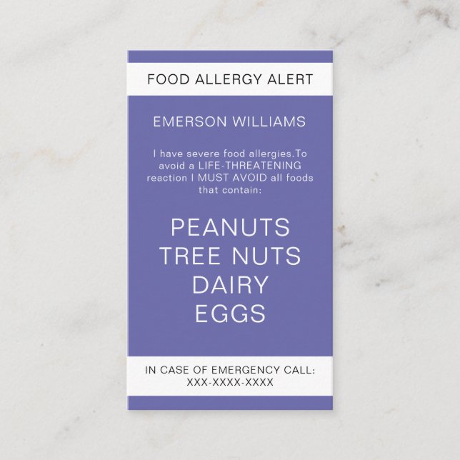 Purple Food Allergy Alert Personalized Chef Card (Front)