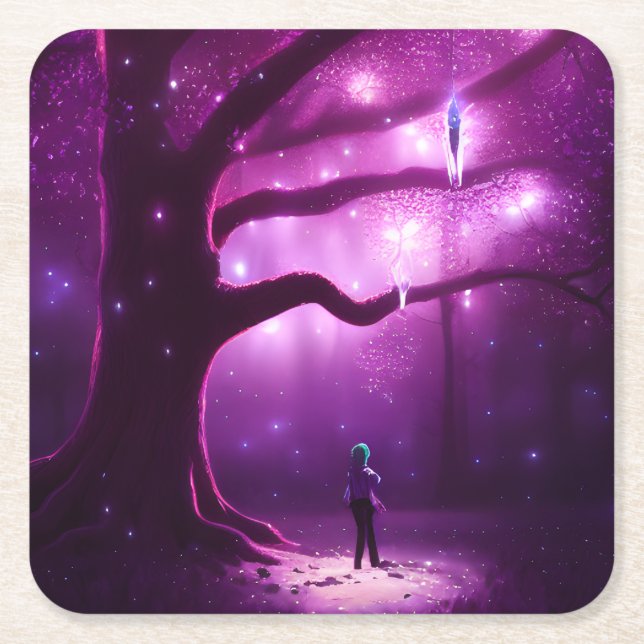 Purple Forest Lights & Tree Square Paper Coaster (Front)