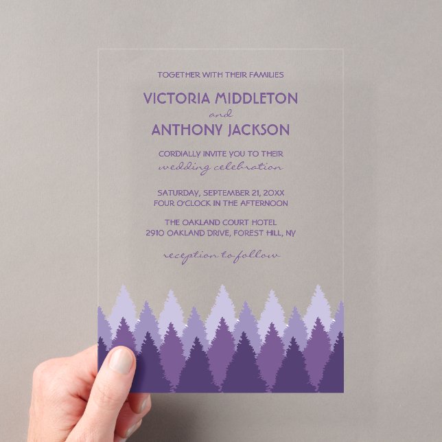 Purple Forest Range Woodland Wedding Acrylic Invitations (Insitu (Handheld))