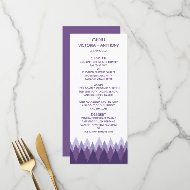 Purple Forest Range Woodland Wedding Menu (Front/Back In Situ)