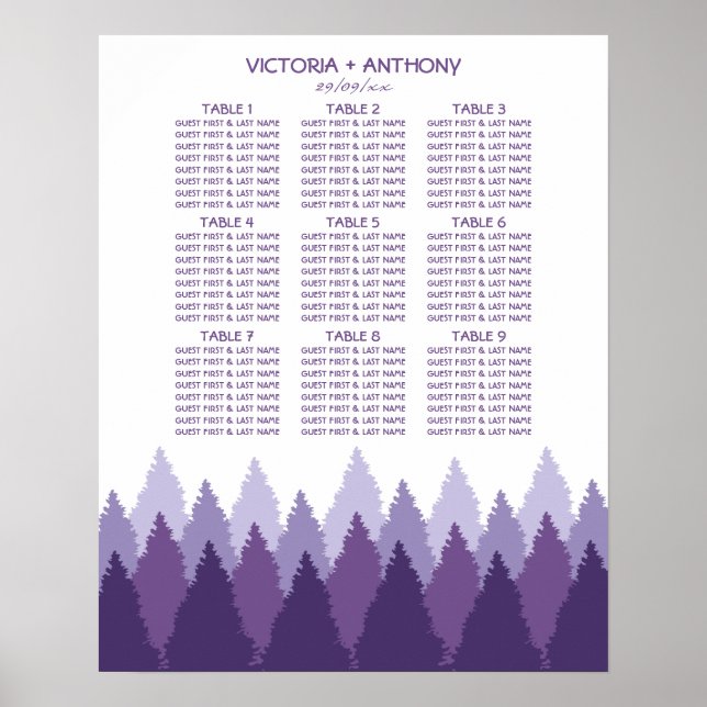Purple Forest Range Woodland Wedding Seating Chart (Front)