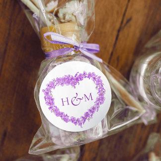 Purple forget me nots inked art wedding monogram classic round sticker