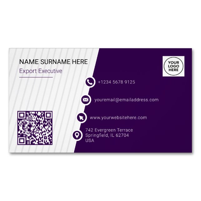 Purple Formal QR Code Magnetic Business Card (Front)