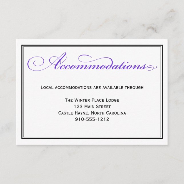 Purple Formal Script Wedding Accommodations Card (Front)