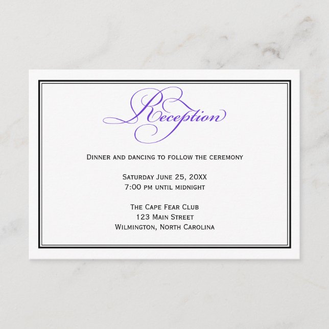 Purple Formal Script Wedding Reception Detail Card (Front)